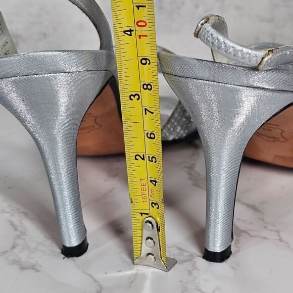 Stuart Weitzman Vintage Silver Leather Crystal Beaded Sling Back Heels Women 8B‎ - Picture 7 of 11